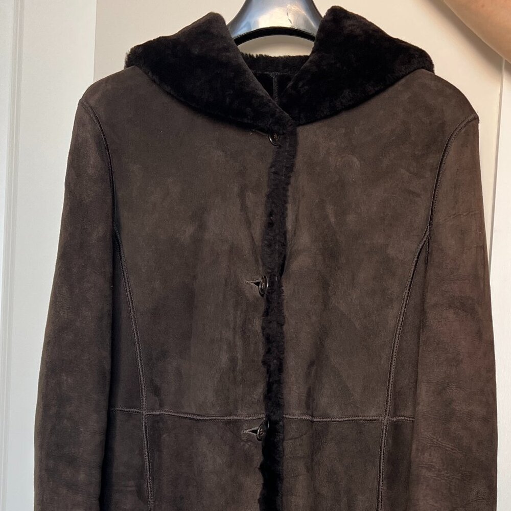 Searle Dark Brown Shearling Long Coat with Hood